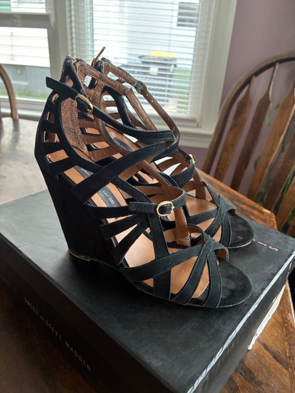 Steven By Steve Madden Black Suede Cage Wedge Sandals